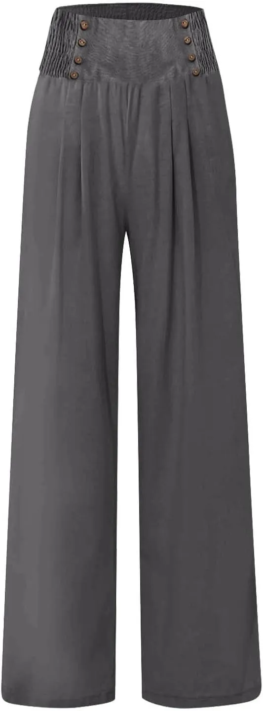 FlekmanArt Linen Wide Leg Pants Women Comfy Flowy High Waisted Beach Palazzo Pants with Pockets 2024