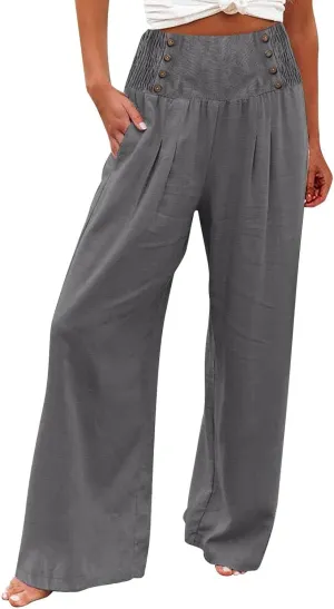 FlekmanArt Linen Wide Leg Pants Women Comfy Flowy High Waisted Beach Palazzo Pants with Pockets 2024