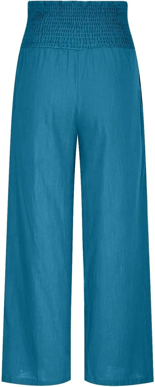 Flowy Linen Beach Pants for Women Wide Leg Pants Loose Baggy Slacks Summer Cotton High Waist Trouser with Pockets