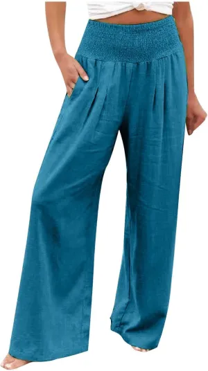 Flowy Linen Beach Pants for Women Wide Leg Pants Loose Baggy Slacks Summer Cotton High Waist Trouser with Pockets