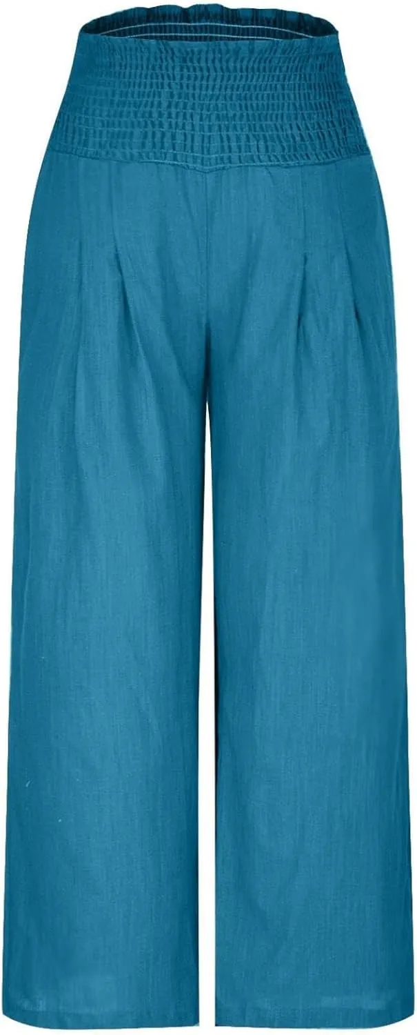 Flowy Linen Beach Pants for Women Wide Leg Pants Loose Baggy Slacks Summer Cotton High Waist Trouser with Pockets