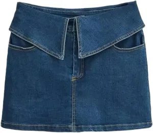 Folding High-Waisted Denim Skirt with Zipper Detail - Slim Fit Street Style Mini Culottes