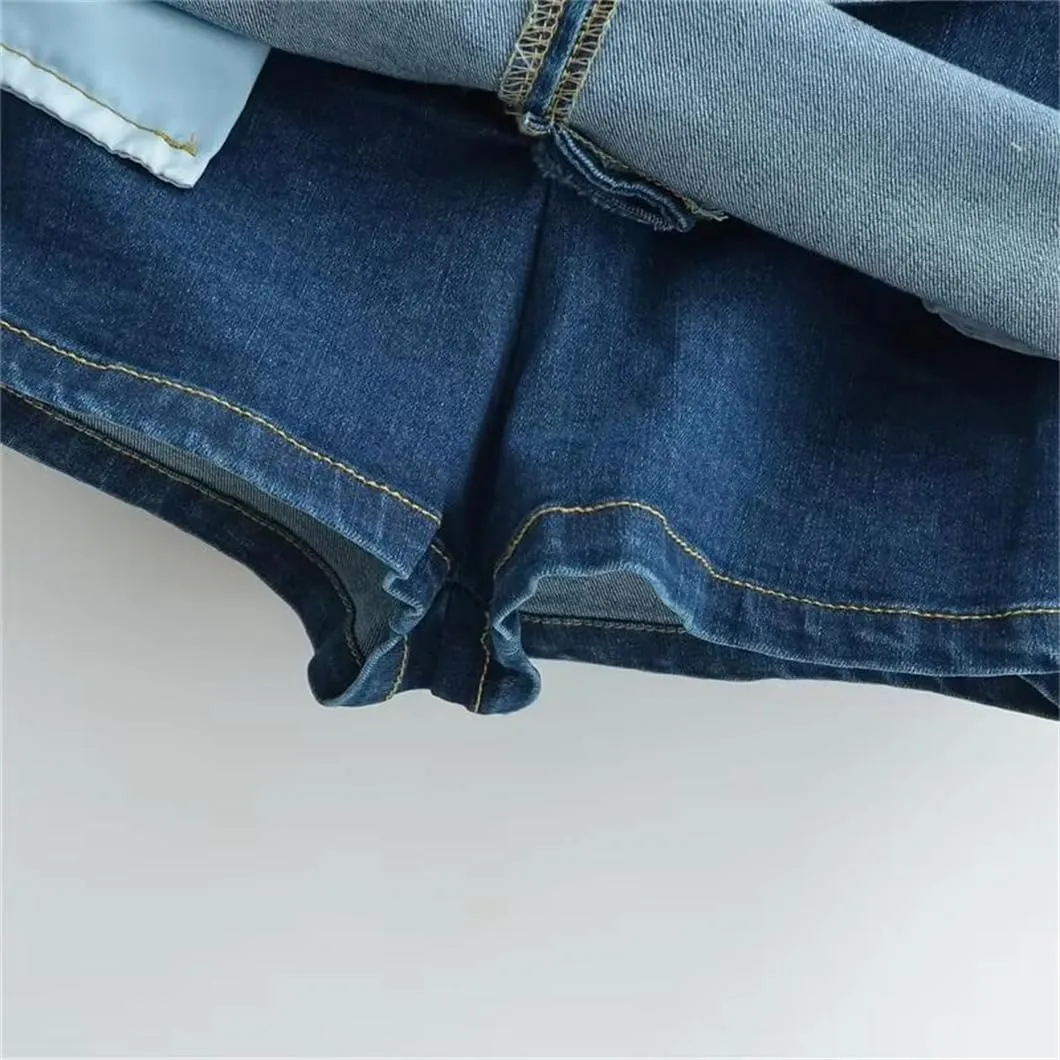 Folding High-Waisted Denim Skirt with Zipper Detail - Slim Fit Street Style Mini Culottes