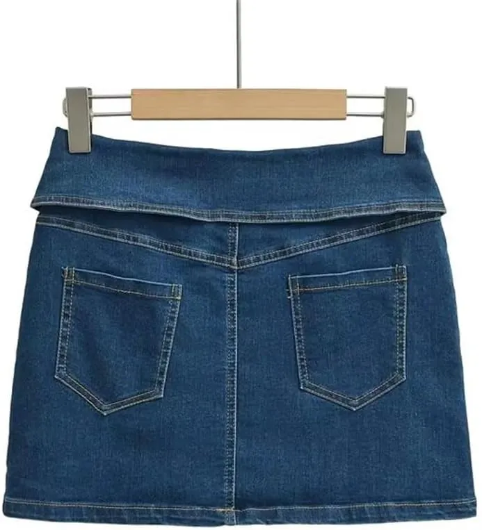 Folding High-Waisted Denim Skirt with Zipper Detail - Slim Fit Street Style Mini Culottes