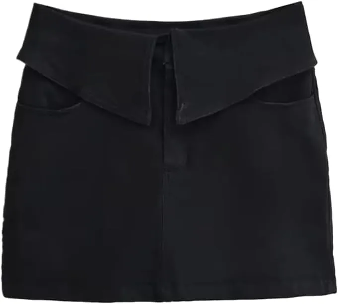 Folding High-Waisted Denim Skirt with Zipper Detail - Slim Fit Street Style Mini Culottes