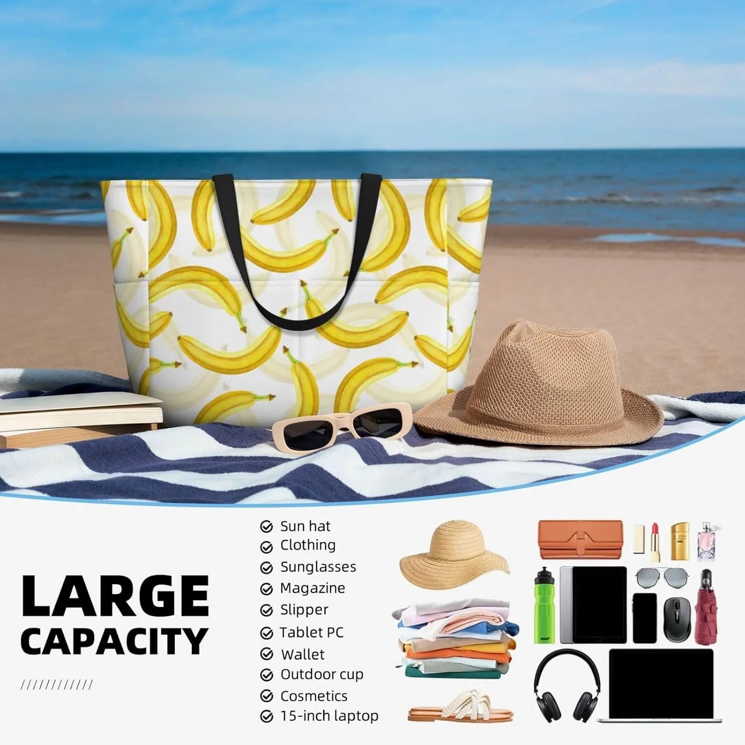 Fun Modern Vegetable Beach Bag Women Tote Bag Pool Bag With Zipper For Gym Grocery Travel With Wet Pocket