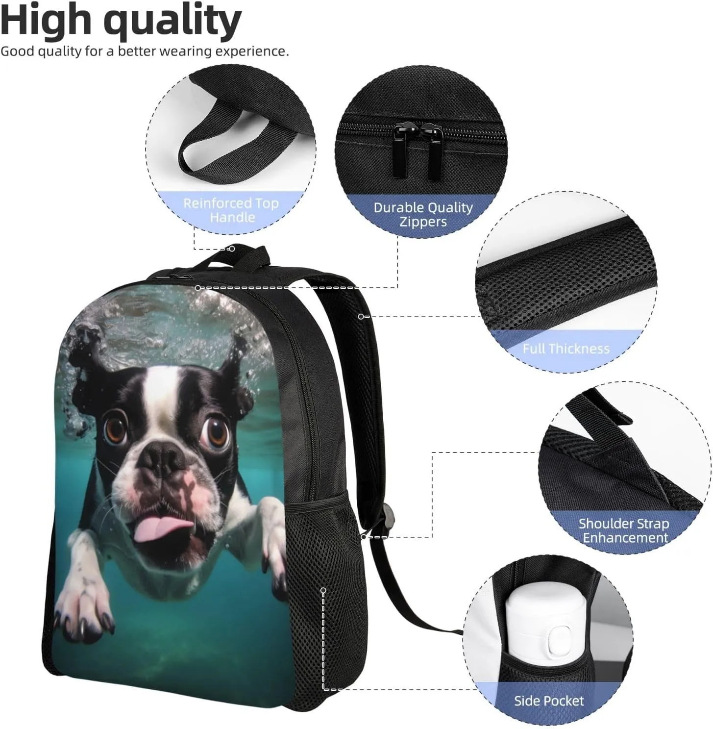 Funny Backpack Cute Dog Printed Backpack Animal Aesthetic Bookbag Black Simple Modern Lightweight Backpack With Mesh Side Pocket Large Laptop Backpack