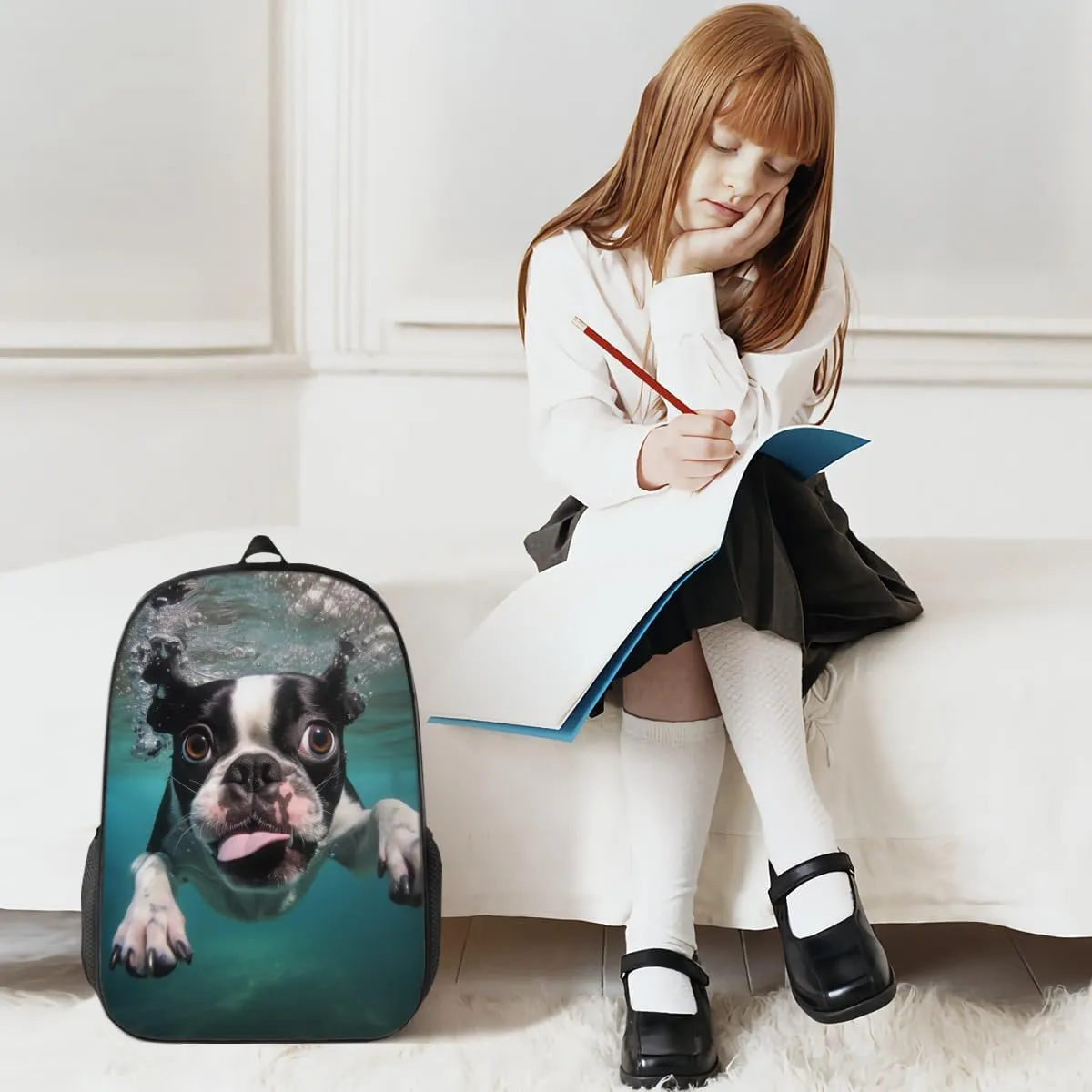 Funny Backpack Cute Dog Printed Backpack Animal Aesthetic Bookbag Black Simple Modern Lightweight Backpack With Mesh Side Pocket Large Laptop Backpack