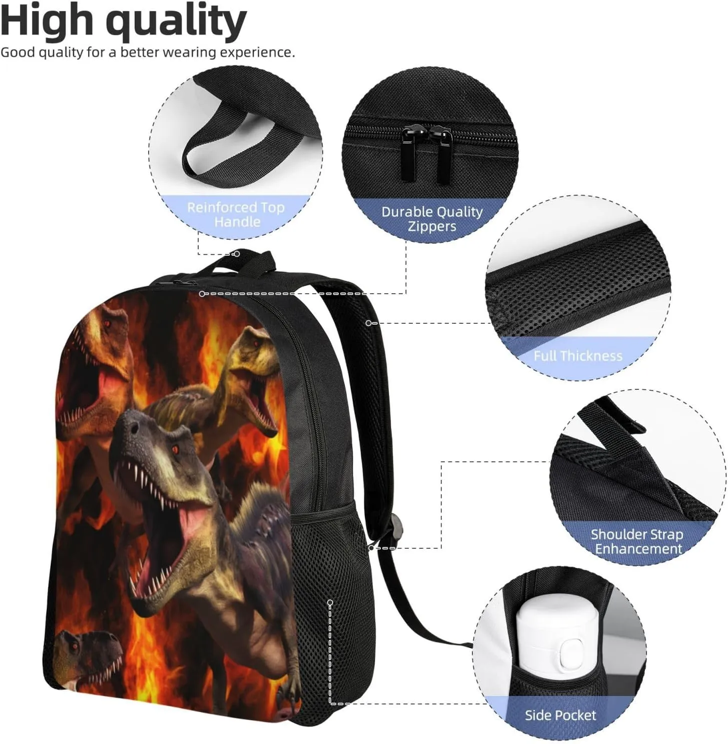 Funny Backpack Dinosaur Printed Backpack Animal Aesthetic Bookbag Black Simple Modern Lightweight Backpack With Mesh Side Pocket Large Laptop Backpack