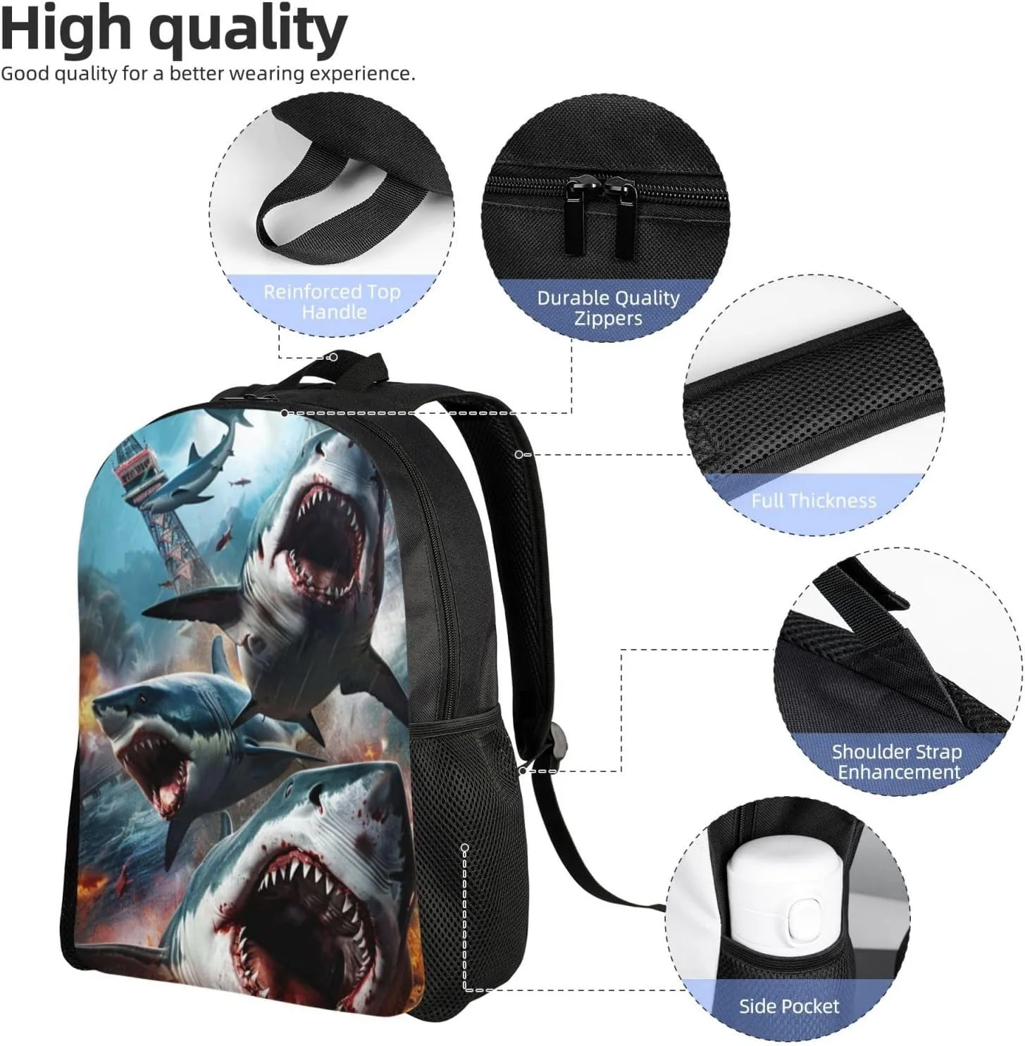 Funny Backpack Shark Backpack Animal Printed Aesthetic Bookbag Black Simple Modern Lightweight Backpack With Mesh Side Pocket Large Laptop Backpack