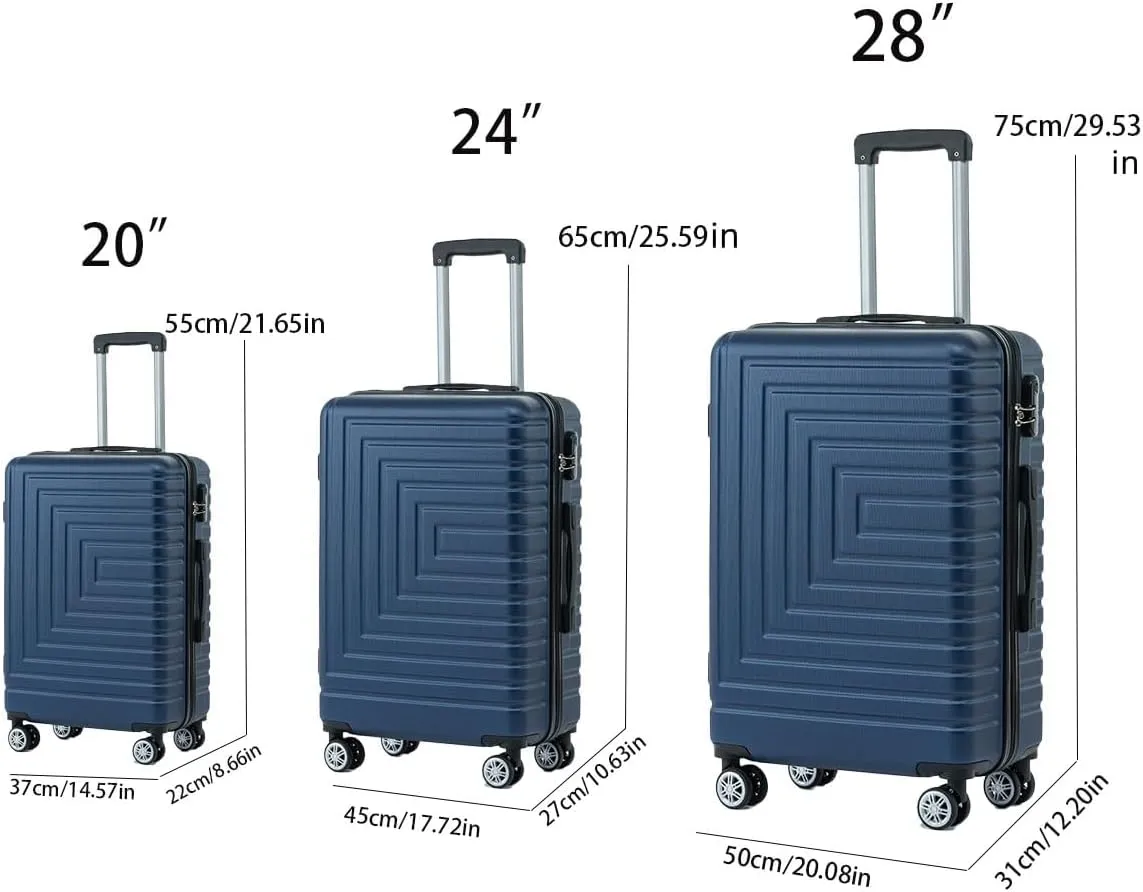 FUNNy elf Luggage Set of 3, Modern ABS Spinner Wheels 3-Piece Luggage Set for Travellers 20''/24''/28'' Men Women Travel Suitcase (Blue)