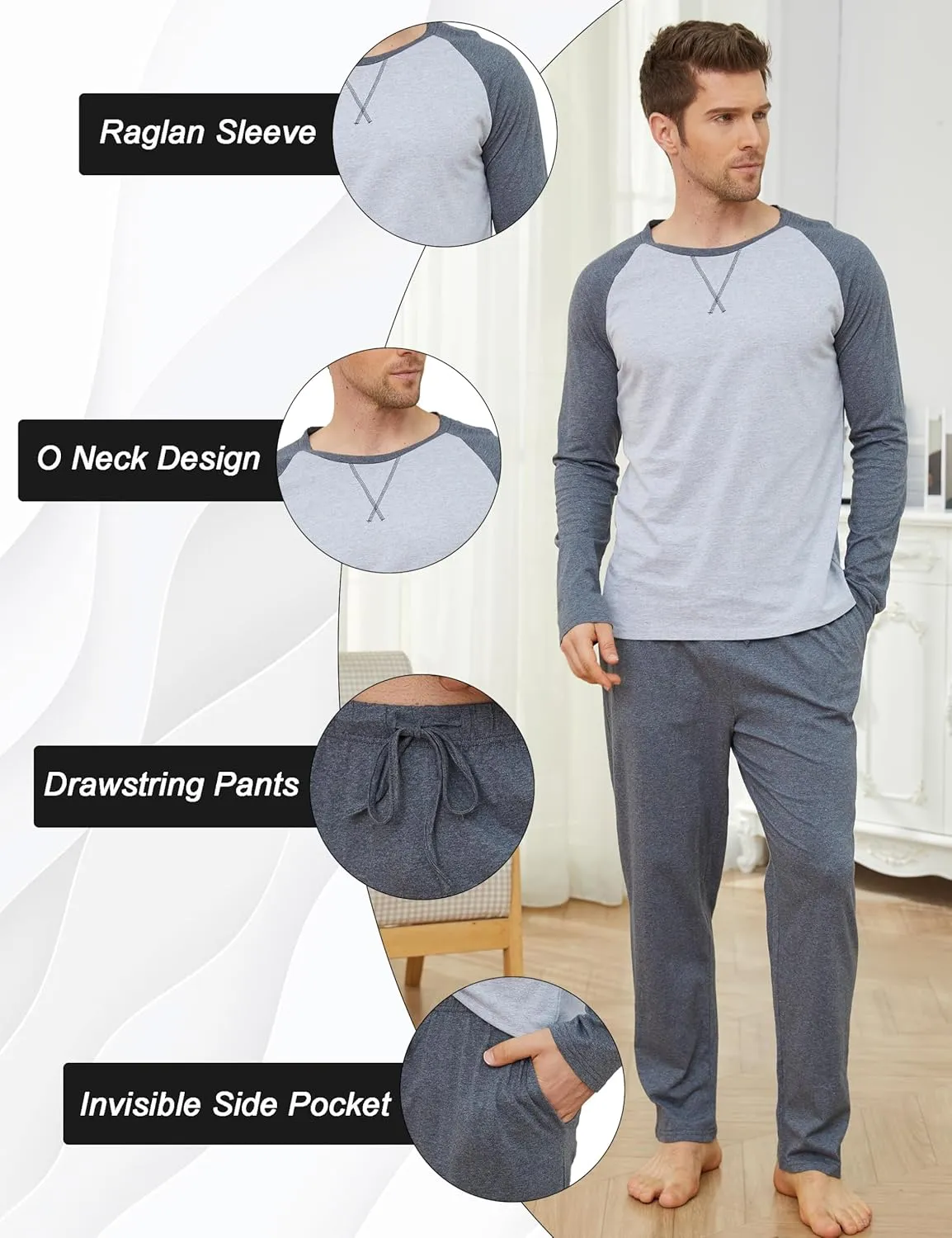 GAESHOW Mens Pajamas Set, Male Cotton Sleepwear Long Sleeve Shirt and Pant Set, O-Neck Winter Thermal Loungewear Pjs