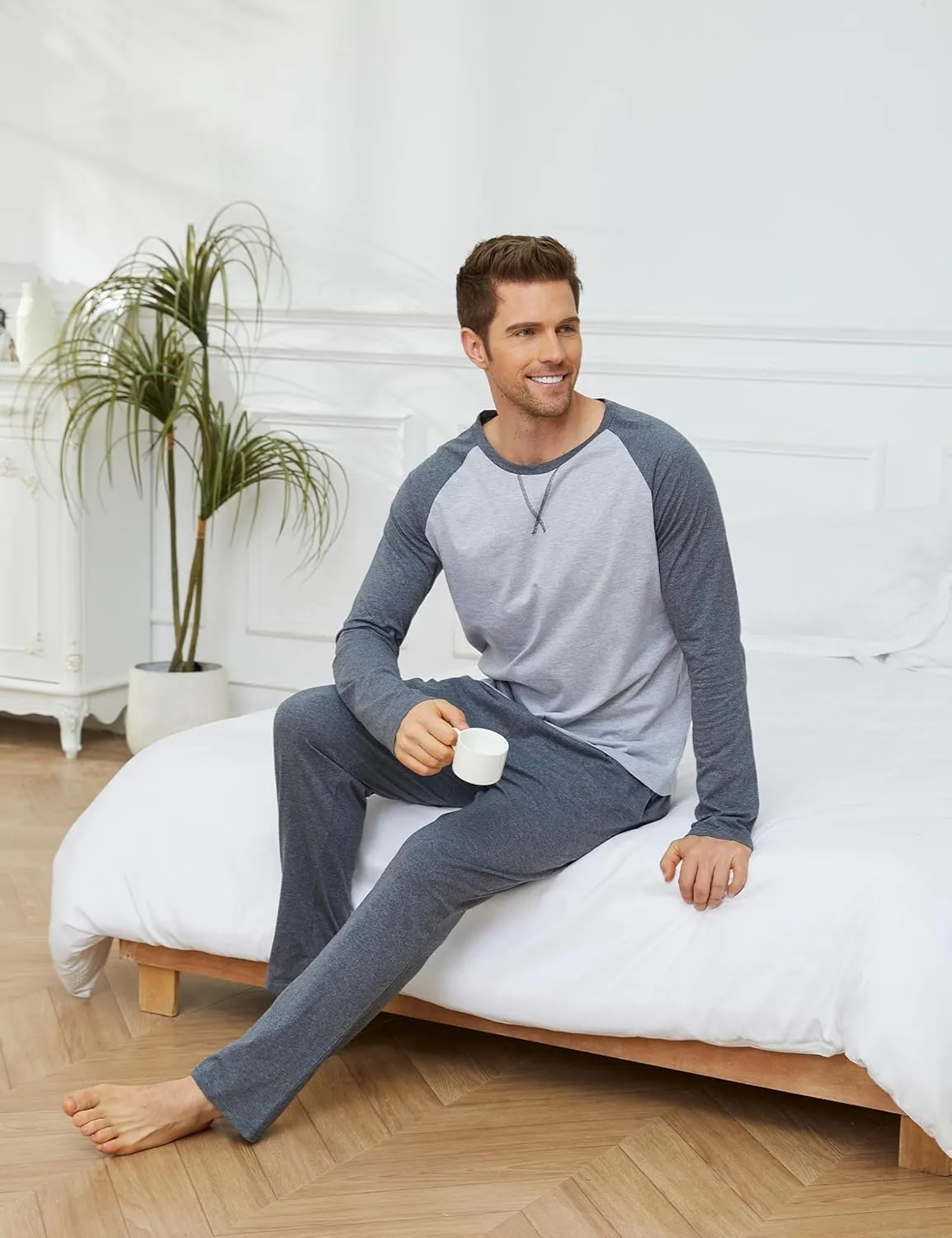 GAESHOW Mens Pajamas Set, Male Cotton Sleepwear Long Sleeve Shirt and Pant Set, O-Neck Winter Thermal Loungewear Pjs