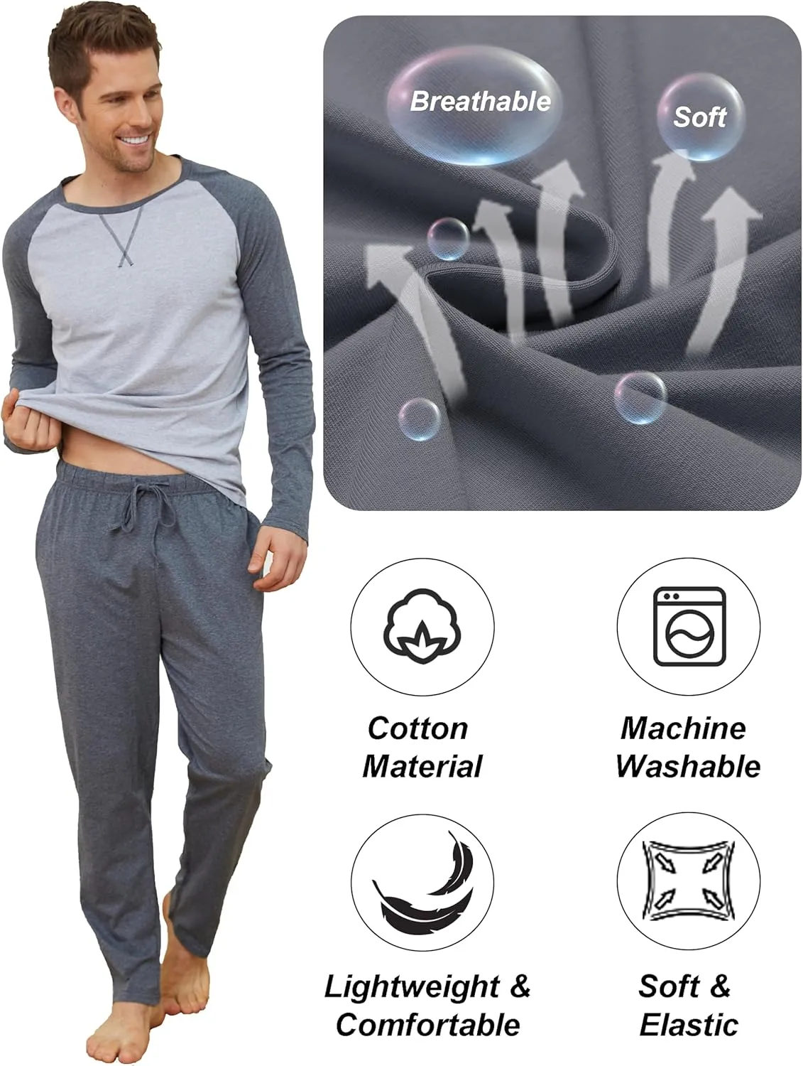 GAESHOW Mens Pajamas Set, Male Cotton Sleepwear Long Sleeve Shirt and Pant Set, O-Neck Winter Thermal Loungewear Pjs