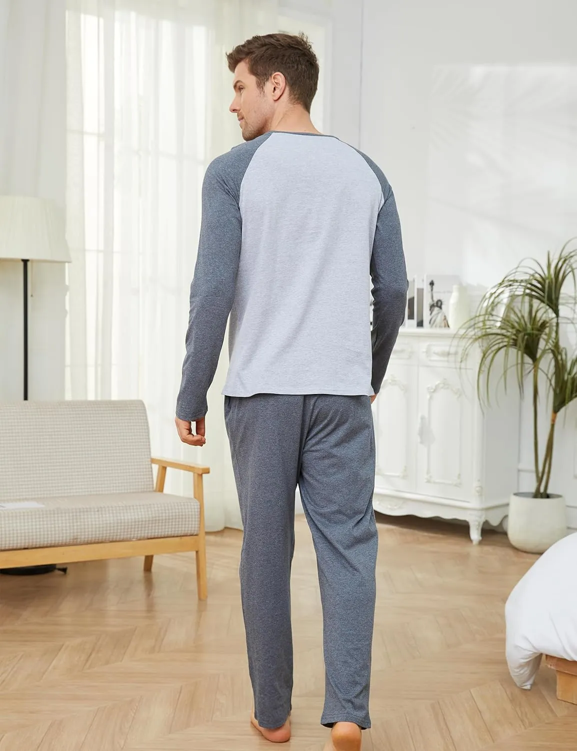 GAESHOW Mens Pajamas Set, Male Cotton Sleepwear Long Sleeve Shirt and Pant Set, O-Neck Winter Thermal Loungewear Pjs