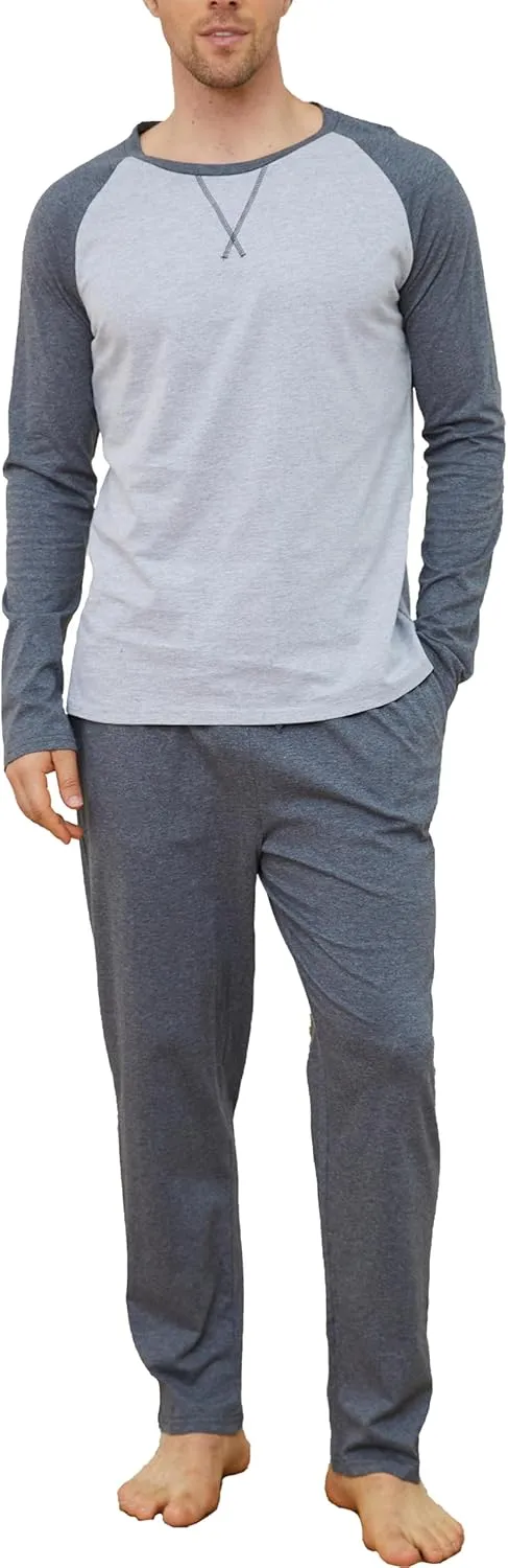 GAESHOW Mens Pajamas Set, Male Cotton Sleepwear Long Sleeve Shirt and Pant Set, O-Neck Winter Thermal Loungewear Pjs