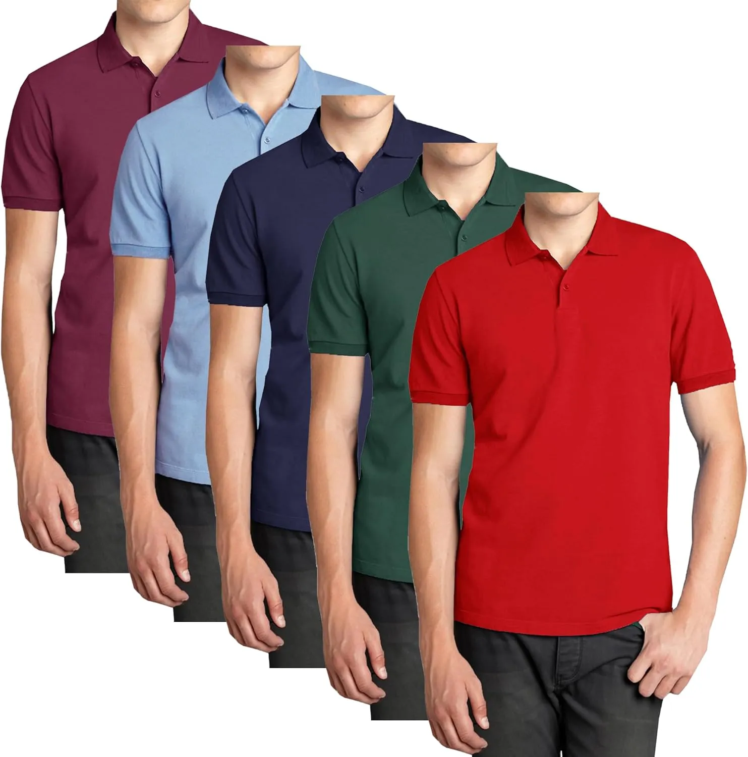Galaxy by Harvic 5-Pack Mens Short Sleeve Pique Polo Shirt Modern-Fit with Ribbed Collar and Breathable Cotton-Blend Fabric