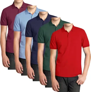 Galaxy by Harvic 5-Pack Mens Short Sleeve Pique Polo Shirt Modern-Fit with Ribbed Collar and Breathable Cotton-Blend Fabric