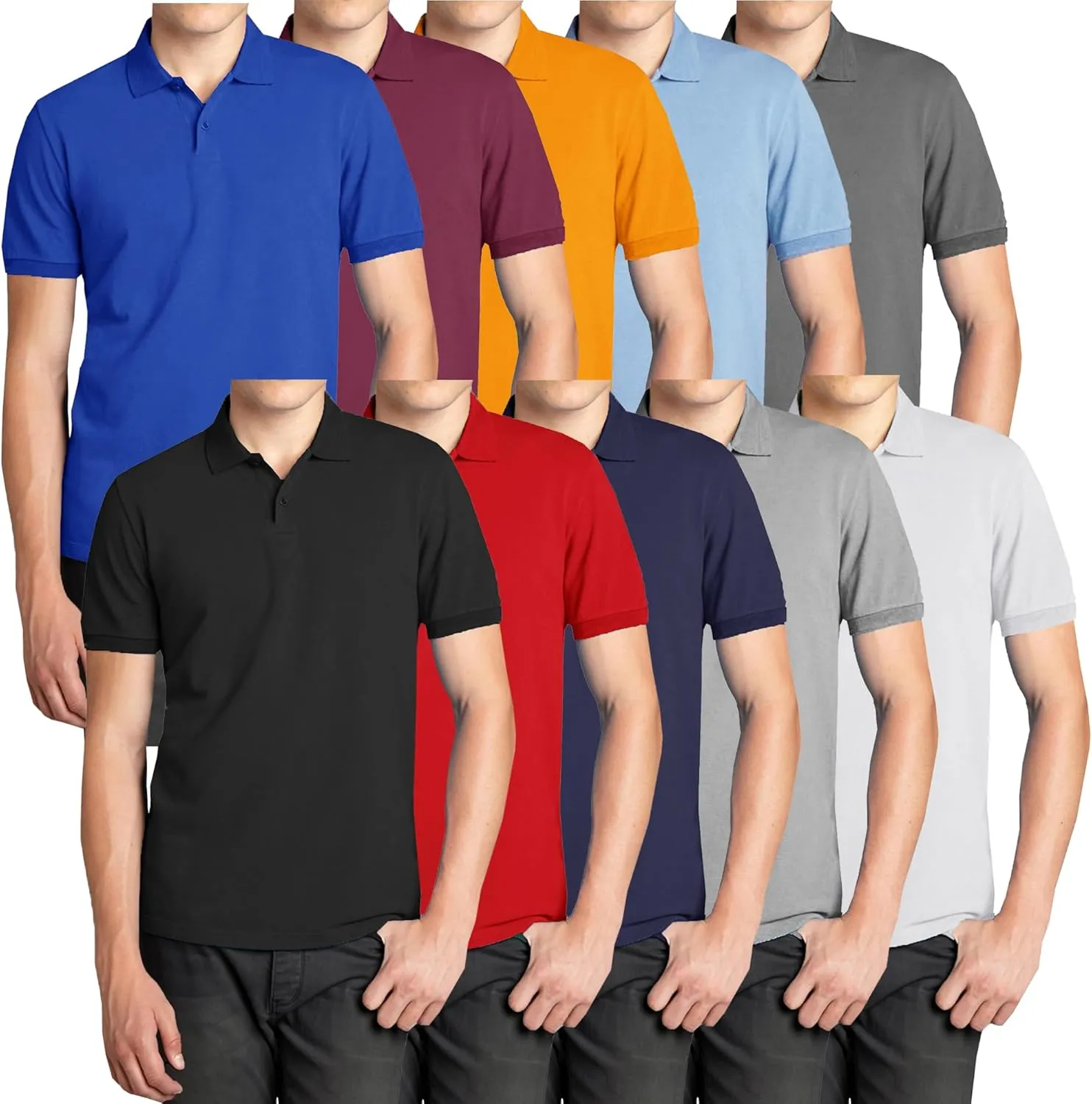 Galaxy by Harvic 5-Pack Mens Short Sleeve Pique Polo Shirt Modern-Fit with Ribbed Collar and Breathable Cotton-Blend Fabric