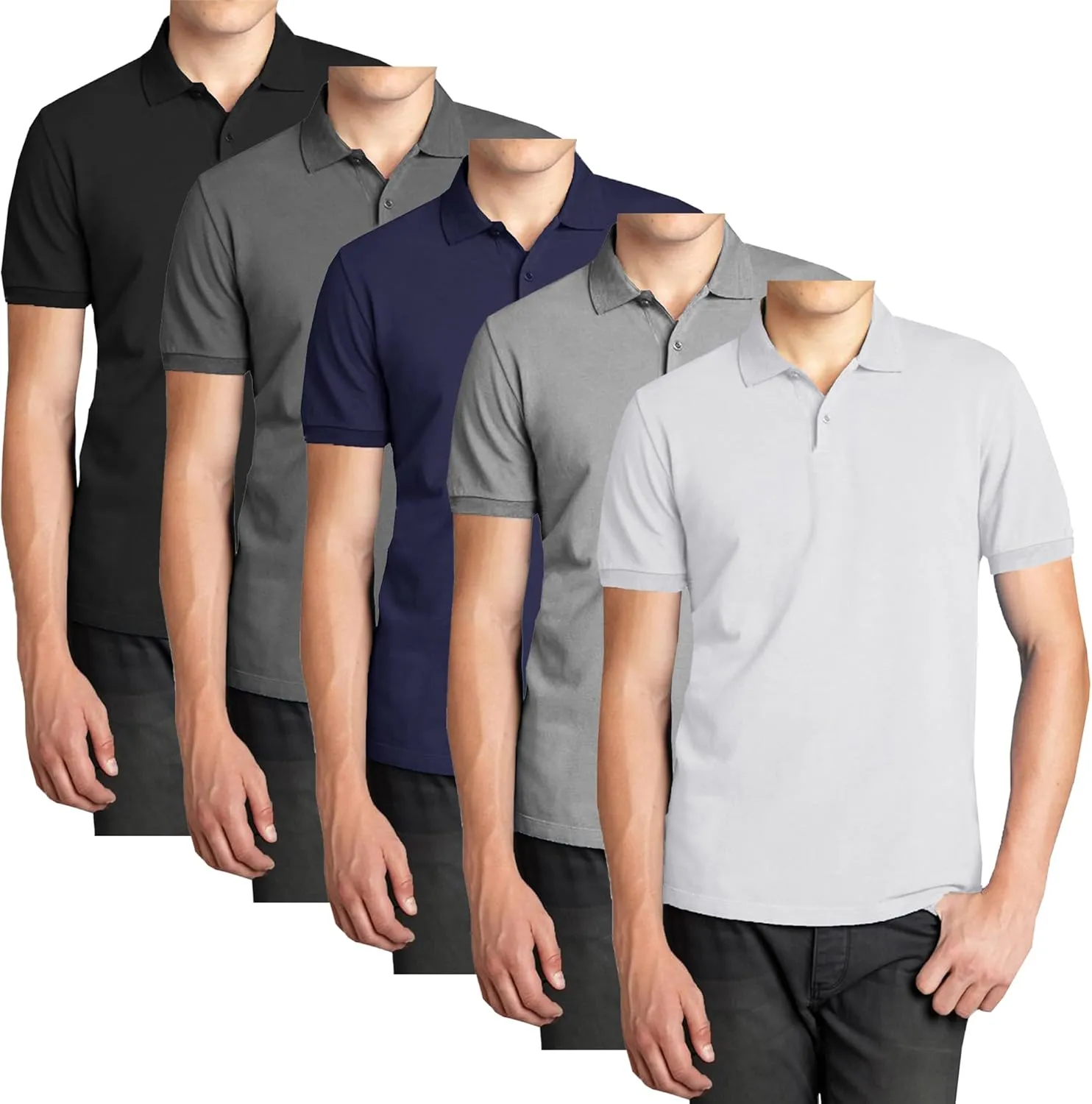 Galaxy by Harvic 5-Pack Mens Short Sleeve Pique Polo Shirt Modern-Fit with Ribbed Collar and Breathable Cotton-Blend Fabric