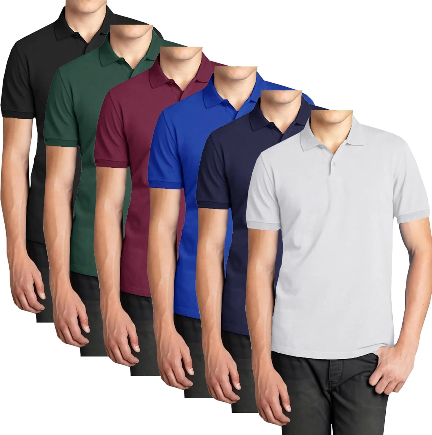Galaxy by Harvic 6-Pack Mens Short Sleeve Pique Polo Shirt Modern-Fit with Ribbed Collar and Breathable Cotton-Blend Fabric