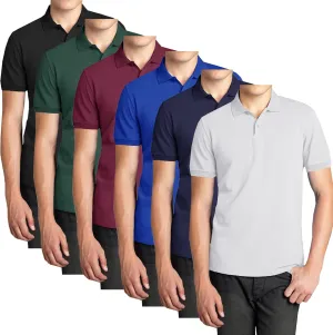 Galaxy by Harvic 6-Pack Mens Short Sleeve Pique Polo Shirt Modern-Fit with Ribbed Collar and Breathable Cotton-Blend Fabric