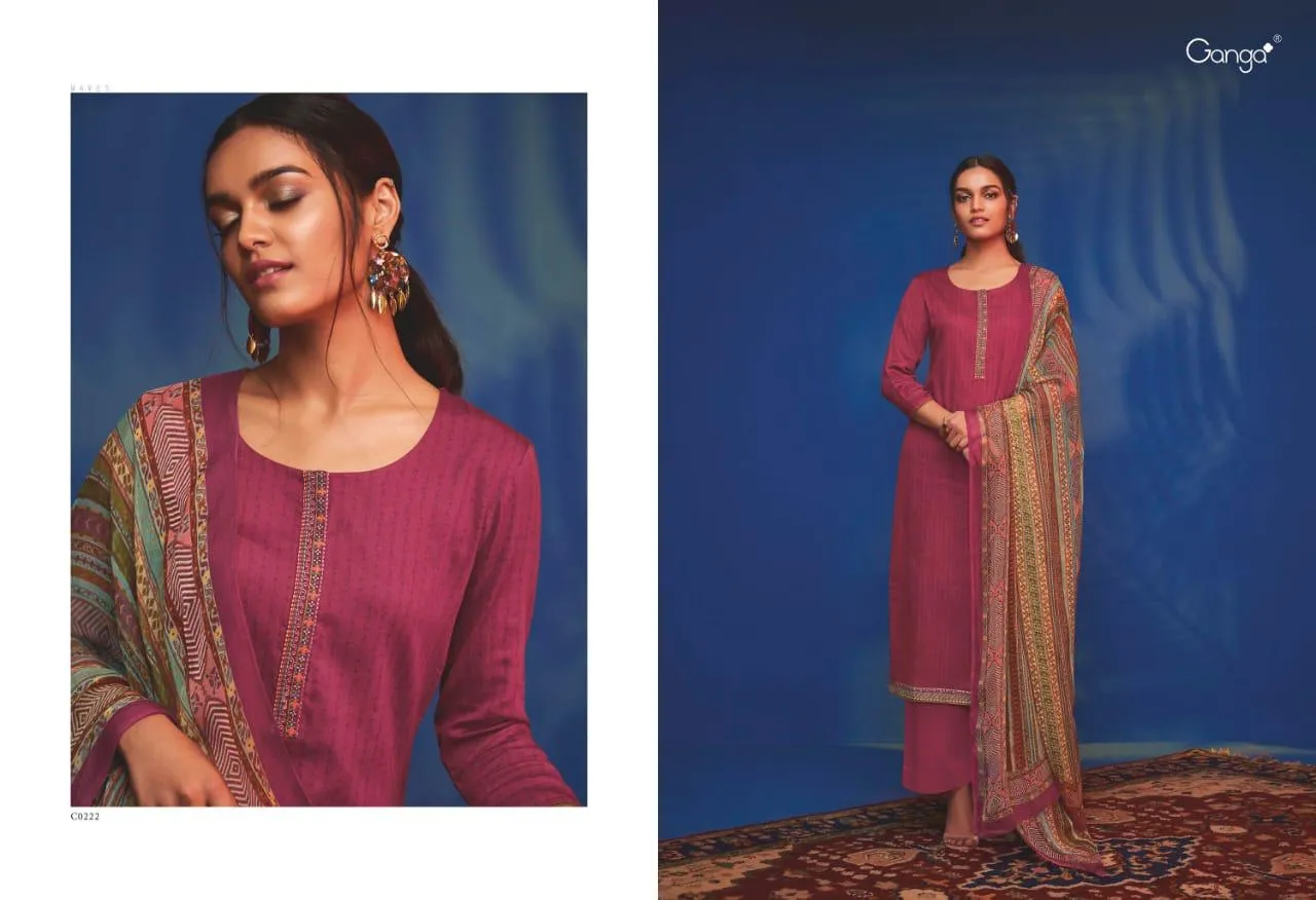 GANGA SUITS PRESENTS WAVES COTTON SATIN SUITS WITH EMBROIDERY