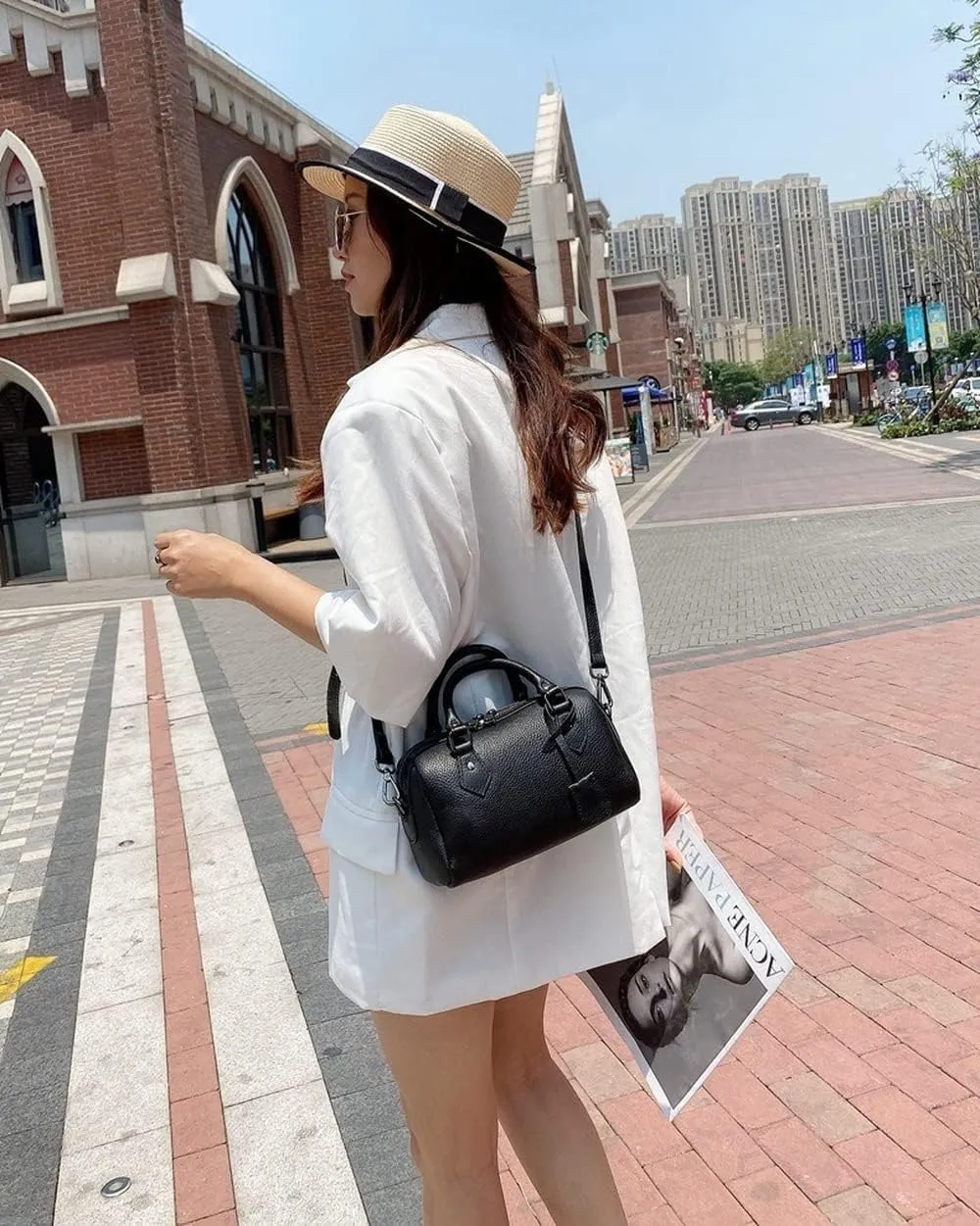 Genuine Leather Boston Bag Women's Unique Shoulder Bags Hobo Handbags Purse Laptop Work Bag (Off-White) (Color : Off-White)