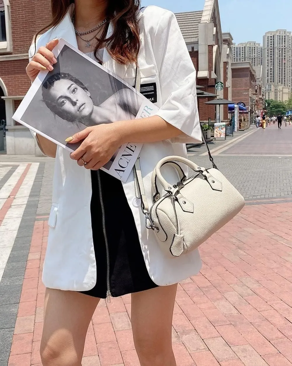 Genuine Leather Boston Bag Women's Unique Shoulder Bags Hobo Handbags Purse Laptop Work Bag (Off-White) (Color : Off-White)