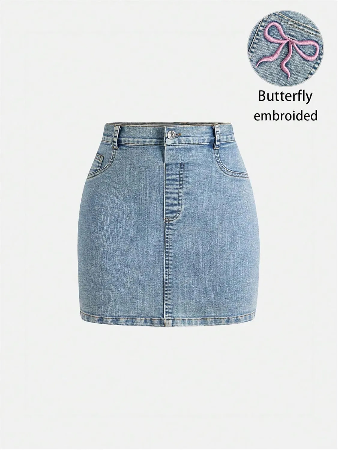 Girl's Bow Denim Skirts Embroided Mini Skirts High Waisted Casual Bodycon Jean Skirt with Pockets