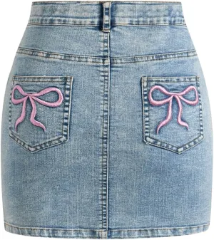 Girl's Bow Denim Skirts Embroided Mini Skirts High Waisted Casual Bodycon Jean Skirt with Pockets