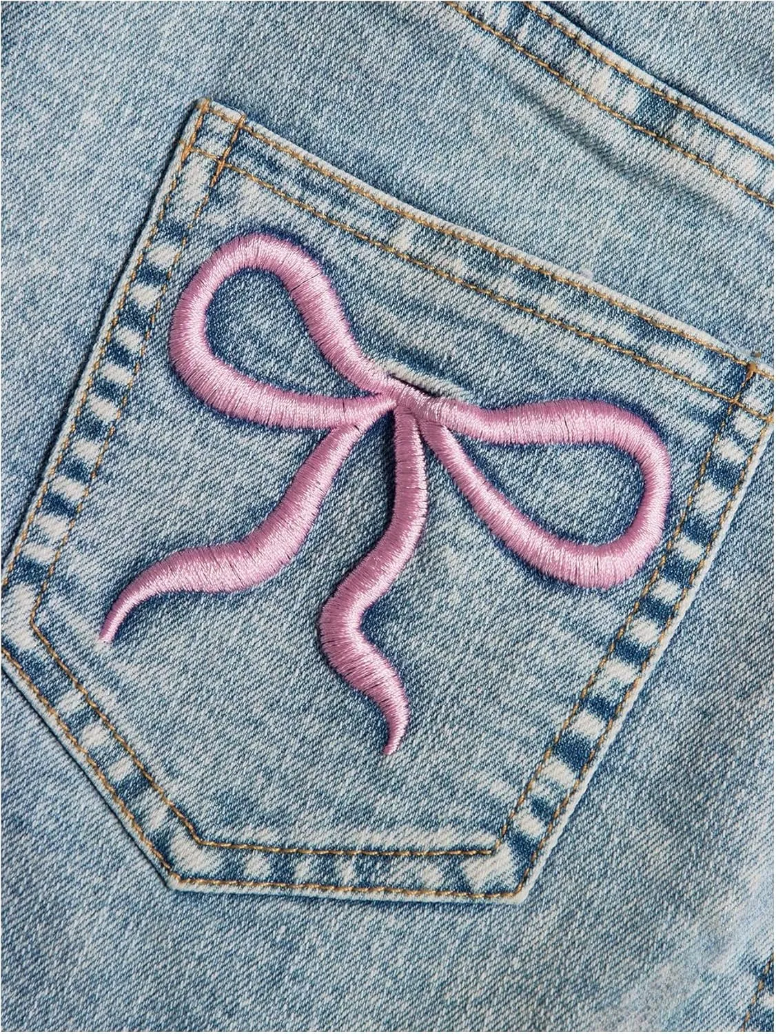 Girl's Bow Denim Skirts Embroided Mini Skirts High Waisted Casual Bodycon Jean Skirt with Pockets