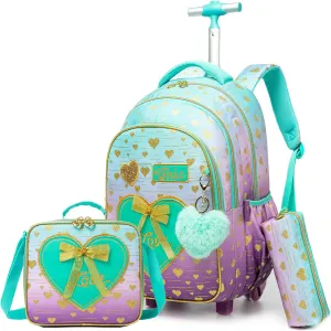 Girls Rolling Backpack with Wheels and Lunch Box Set - Pink, 16.5" x 11.8" x 1" - Modern, Water Resistant, 6 - 12 Years, Elementary School