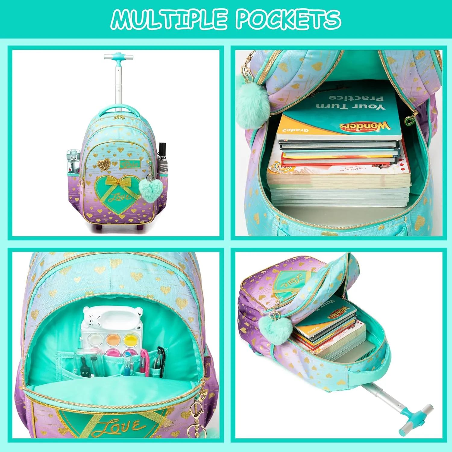 Girls Rolling Backpack with Wheels and Lunch Box Set - Pink, 16.5" x 11.8" x 1" - Modern, Water Resistant, 6 - 12 Years, Elementary School