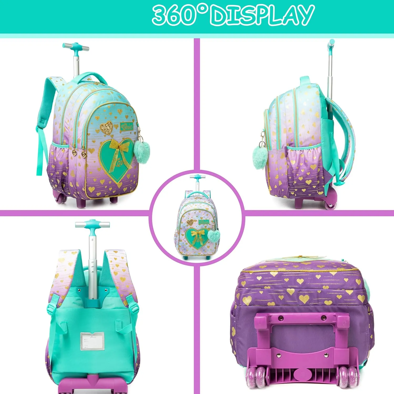 Girls Rolling Backpack with Wheels and Lunch Box Set - Pink, 16.5" x 11.8" x 1" - Modern, Water Resistant, 6 - 12 Years, Elementary School