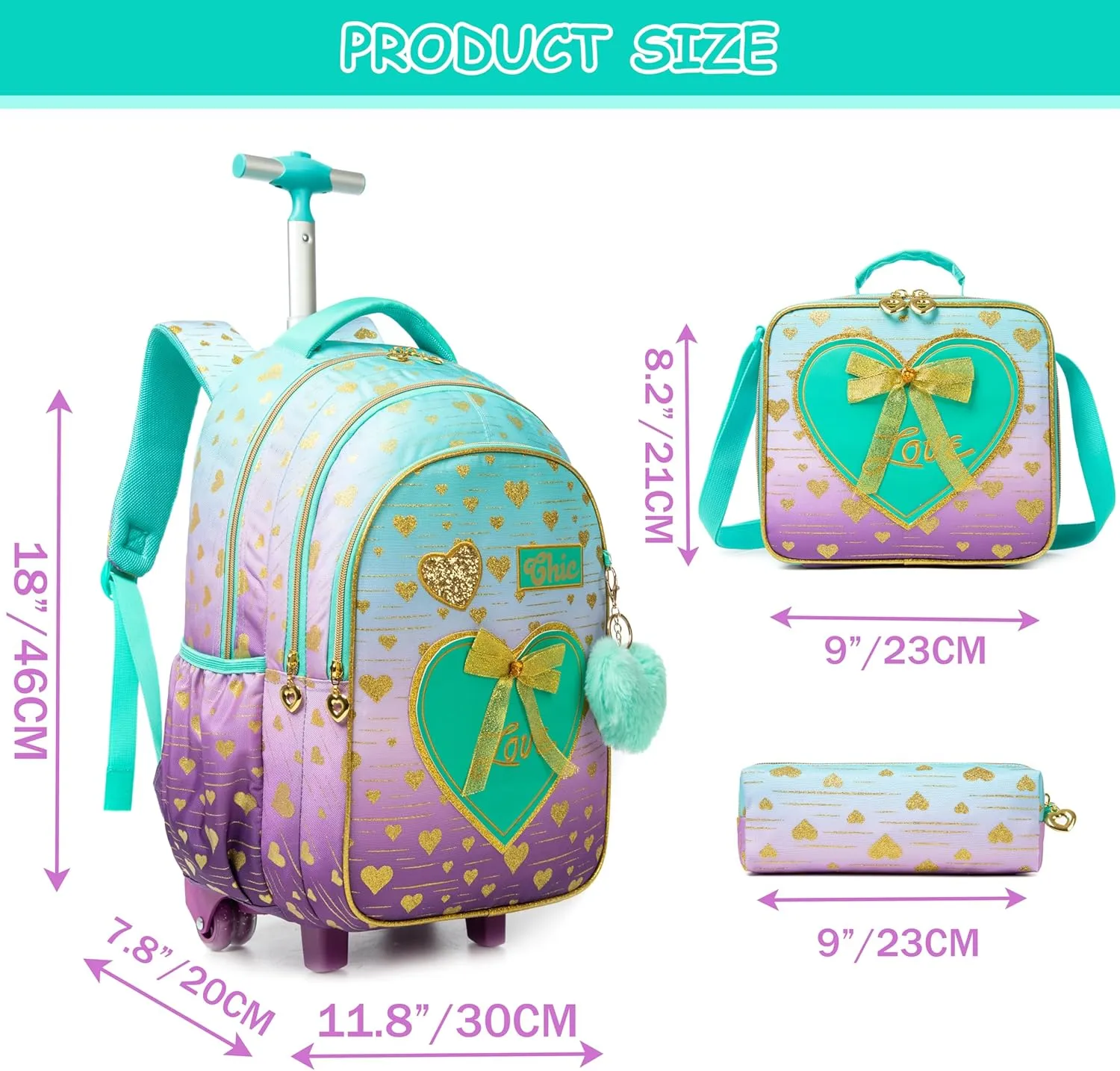 Girls Rolling Backpack with Wheels and Lunch Box Set - Pink, 16.5" x 11.8" x 1" - Modern, Water Resistant, 6 - 12 Years, Elementary School