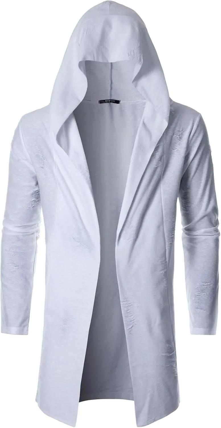 GIVON Mens Longline Hooded Cardigan Ruffle Shawl Collar Drape Cape Overcoat from Unique Scratch Fabric