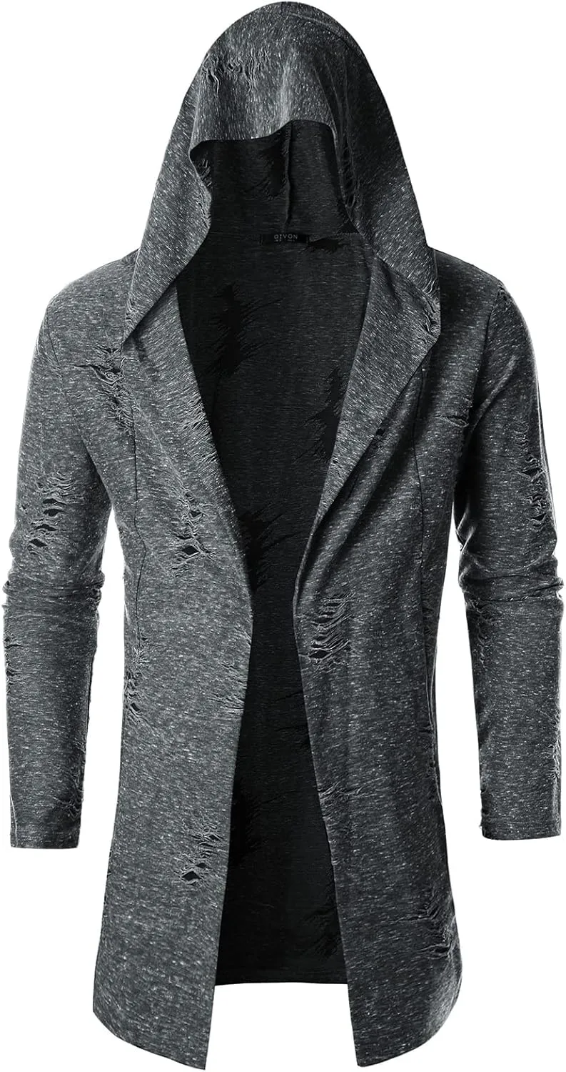 GIVON Mens Longline Hooded Cardigan Ruffle Shawl Collar Drape Cape Overcoat from Unique Scratch Fabric