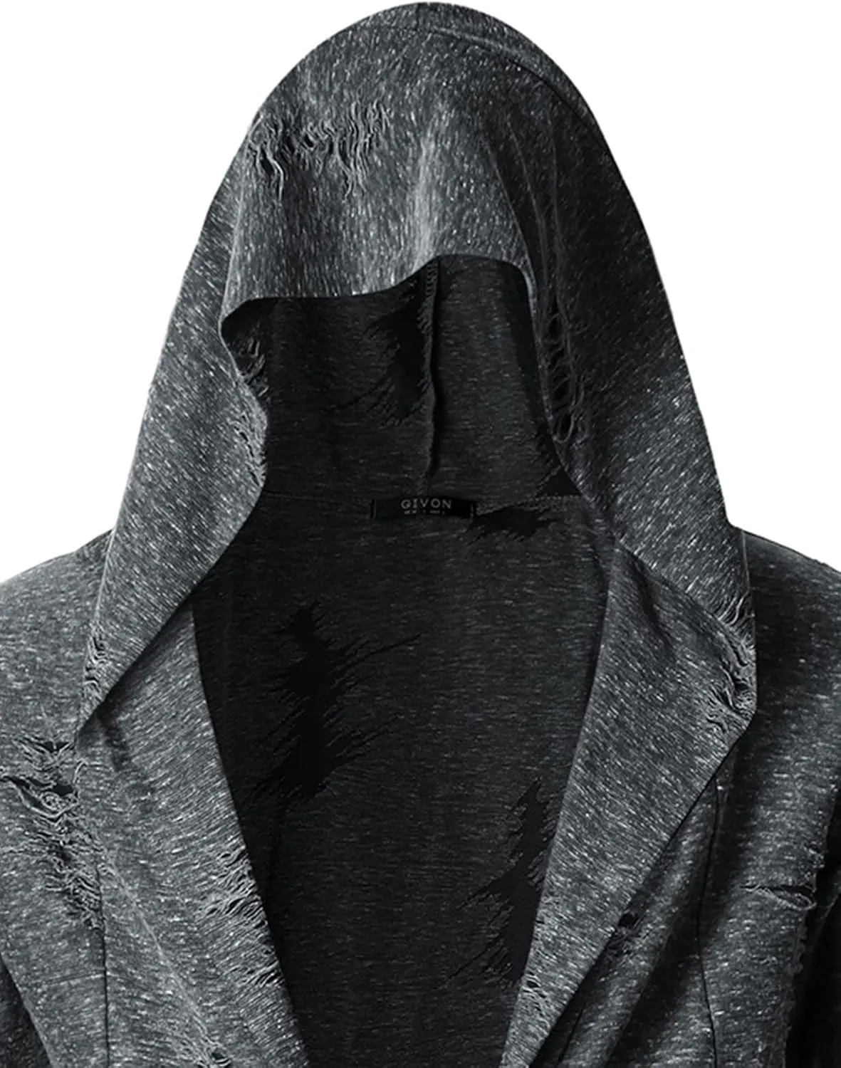 GIVON Mens Longline Hooded Cardigan Ruffle Shawl Collar Drape Cape Overcoat from Unique Scratch Fabric