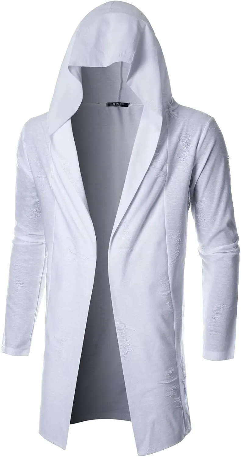 GIVON Mens Longline Hooded Cardigan Ruffle Shawl Collar Drape Cape Overcoat from Unique Scratch Fabric