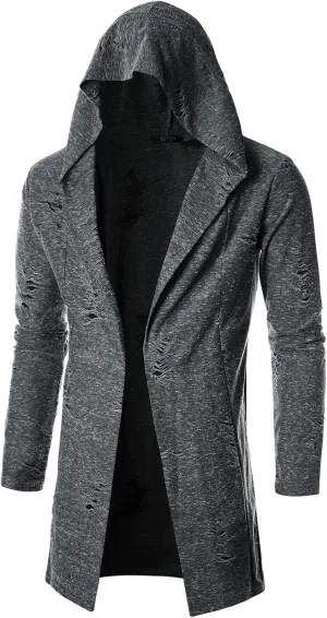 GIVON Mens Longline Hooded Cardigan Ruffle Shawl Collar Drape Cape Overcoat from Unique Scratch Fabric