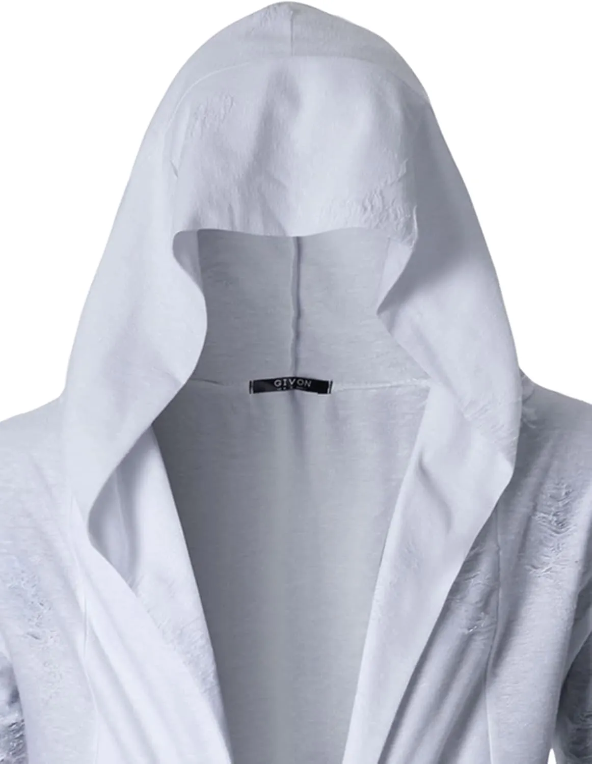 GIVON Mens Longline Hooded Cardigan Ruffle Shawl Collar Drape Cape Overcoat from Unique Scratch Fabric