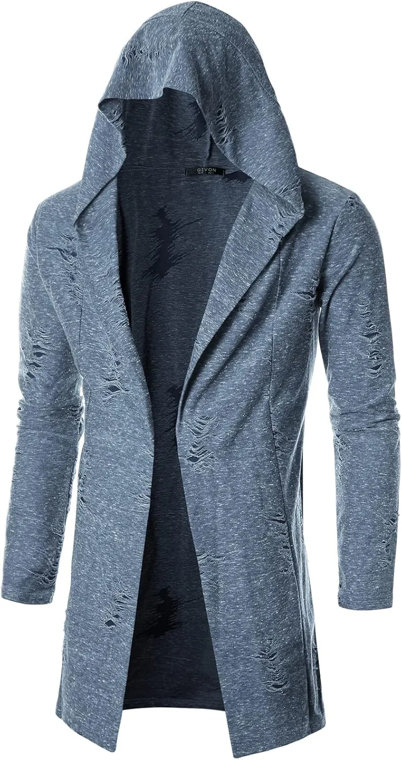 GIVON Mens Longline Hooded Cardigan Ruffle Shawl Collar Drape Cape Overcoat from Unique Scratch Fabric