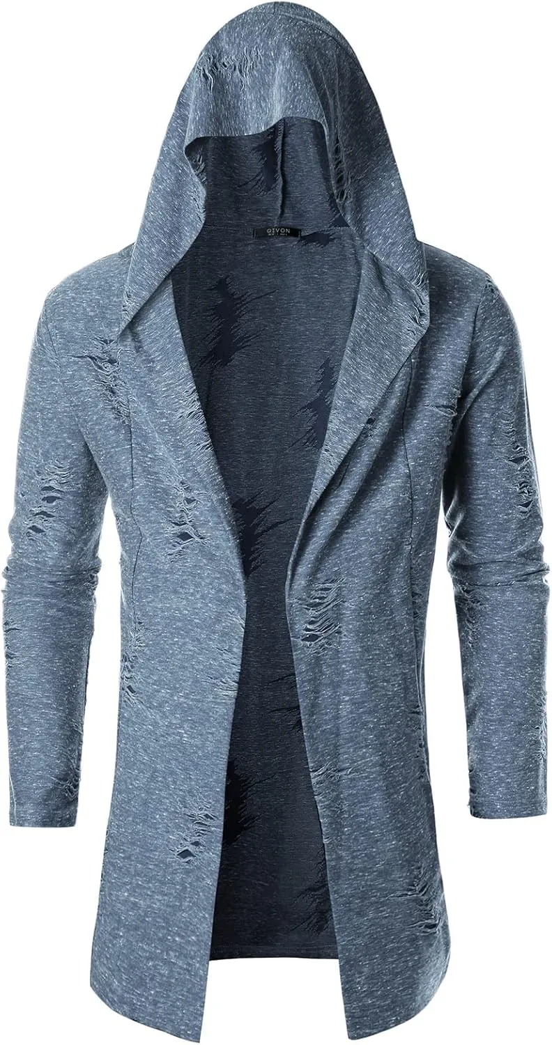 GIVON Mens Longline Hooded Cardigan Ruffle Shawl Collar Drape Cape Overcoat from Unique Scratch Fabric