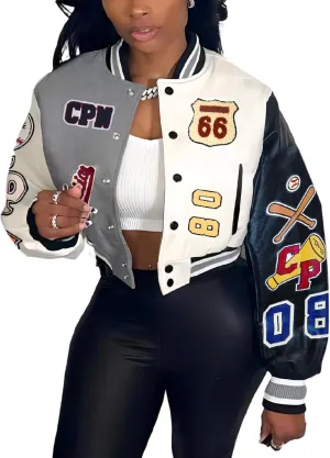Glitrandi Varsity Jacket Women with Patches Print Cropped Bomber Leather Jacket Women 2025 S-XXL