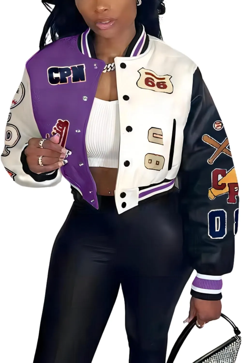 Glitrandi Varsity Jacket Women with Patches Print Cropped Bomber Leather Jacket Women 2025 S-XXL