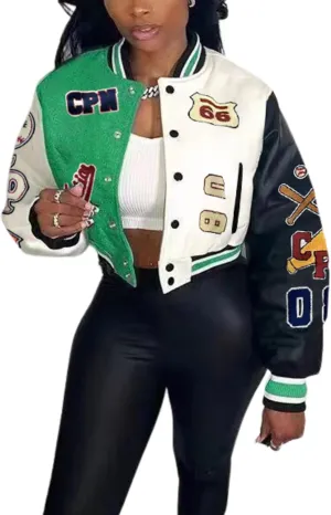 Glitrandi Varsity Jacket Women with Patches Print Cropped Bomber Leather Jacket Women 2025 S-XXL