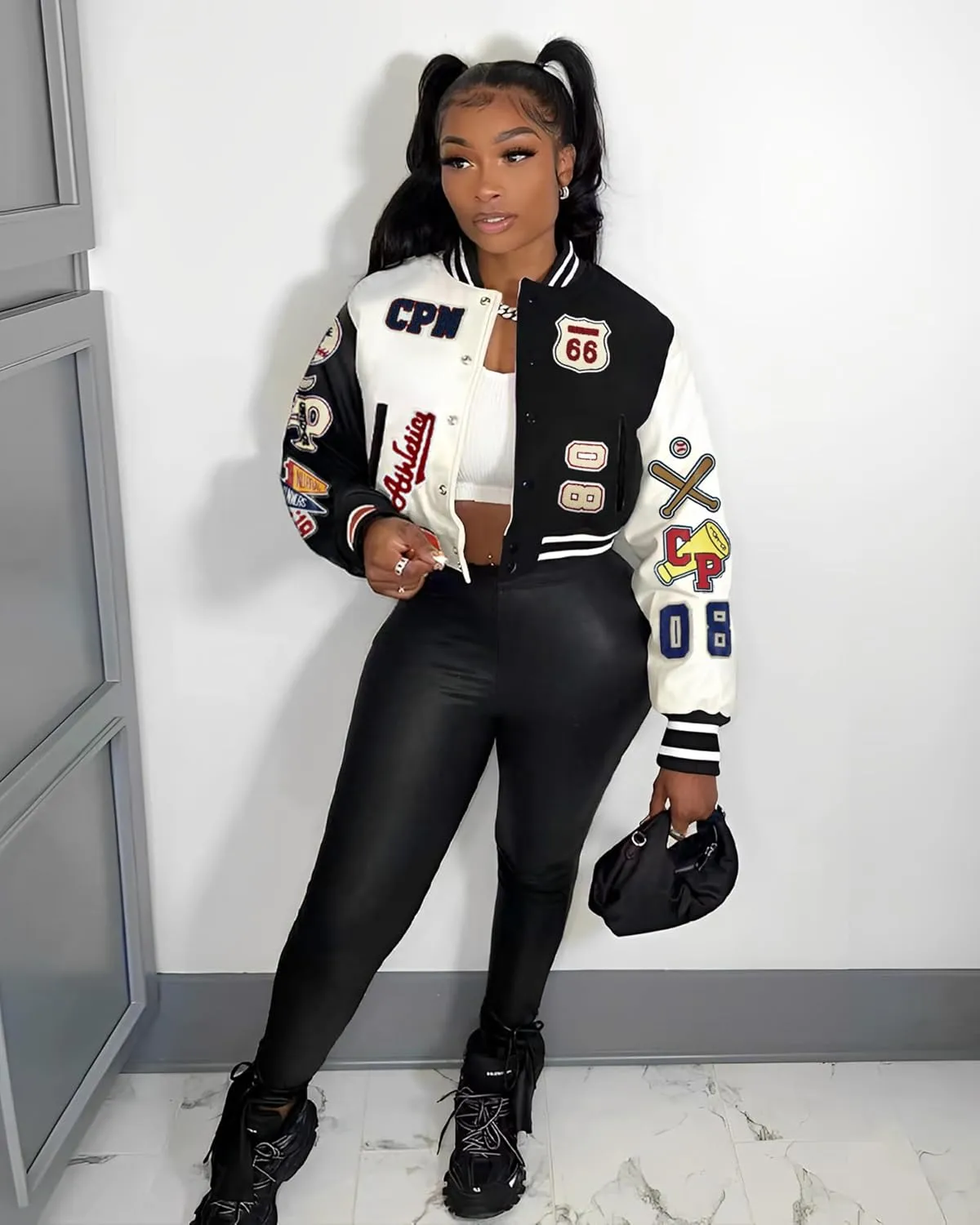 Glitrandi Varsity Jacket Women with Patches Print Cropped Bomber Leather Jacket Women 2025 S-XXL