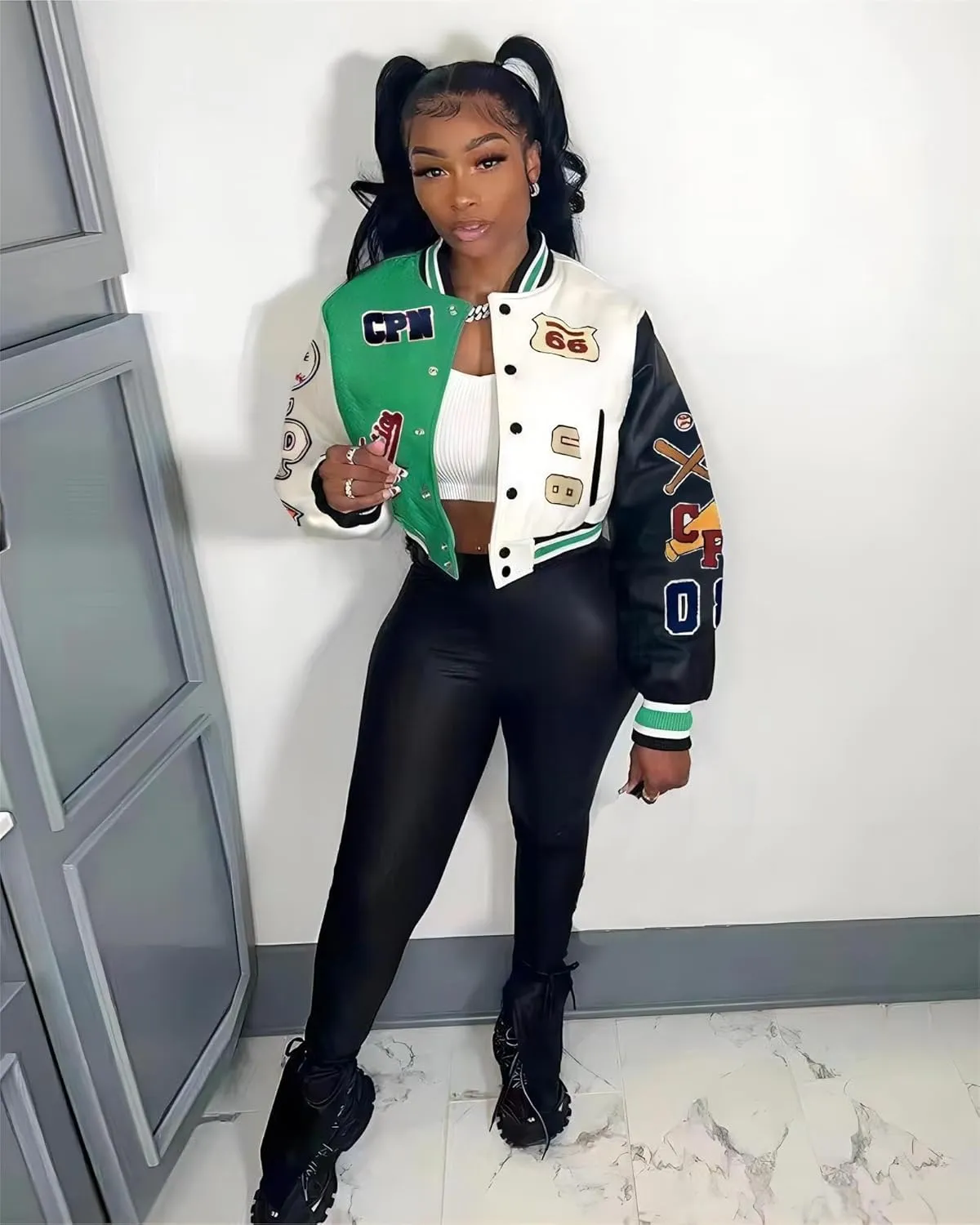 Glitrandi Varsity Jacket Women with Patches Print Cropped Bomber Leather Jacket Women 2025 S-XXL