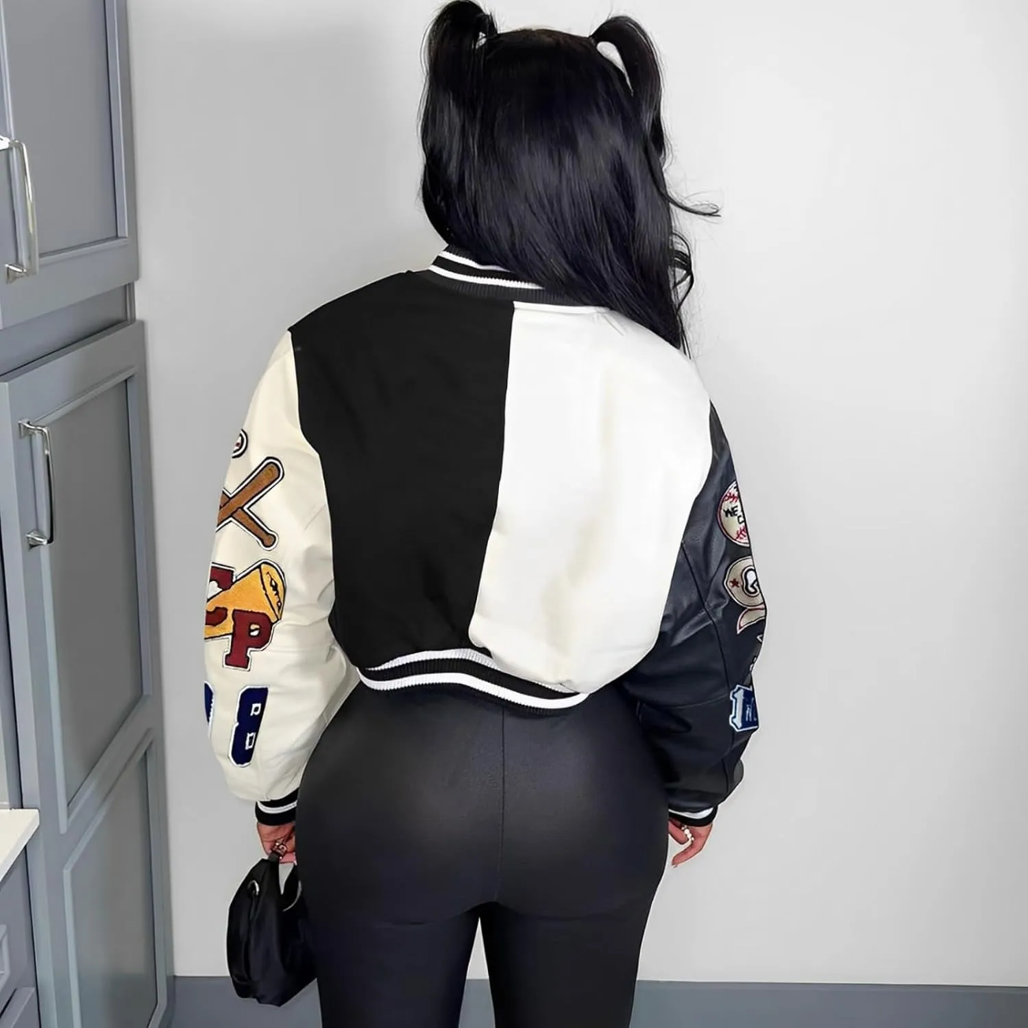 Glitrandi Varsity Jacket Women with Patches Print Cropped Bomber Leather Jacket Women 2025 S-XXL